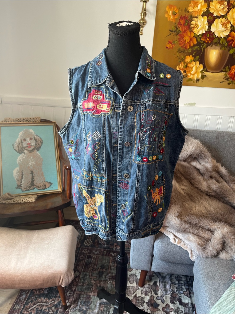 Women’s Vintage Embroidered Jean Denim Vest Size M